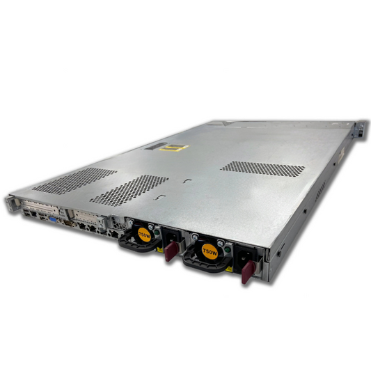 Front view of a silver server rack unit with ventilation holes and rear connectors exposed
