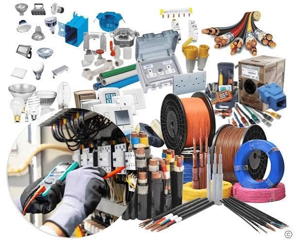 Assorted electrical wiring, connectors, tools, and cables arranged on a white background