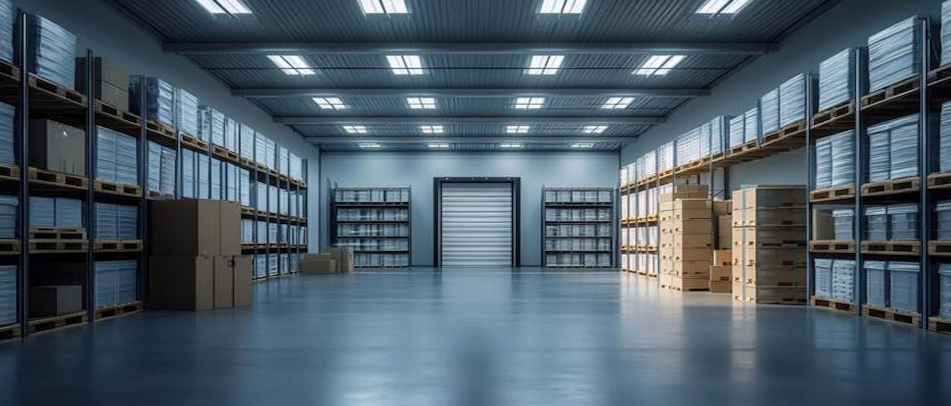 Empty warehouse aisle with metal shelving and stacked boxes under bright ceiling lights