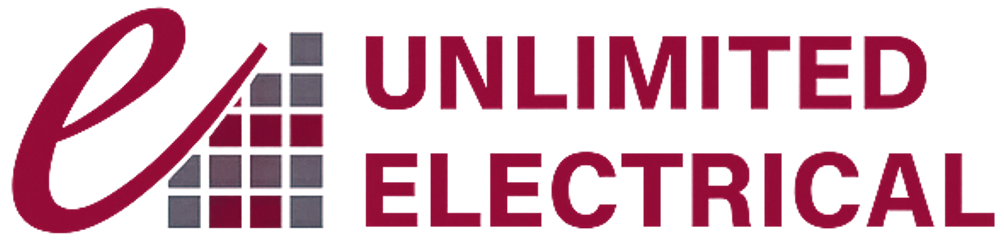 Unlimited Electrical logo with red “e,” gray grid, and maroon text on white background