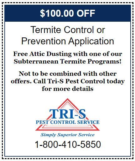 Coupon for $100 off termite control/prevention. Includes free attic dusting. Contact Tri-S Pest Control, 1-800-410-5850.