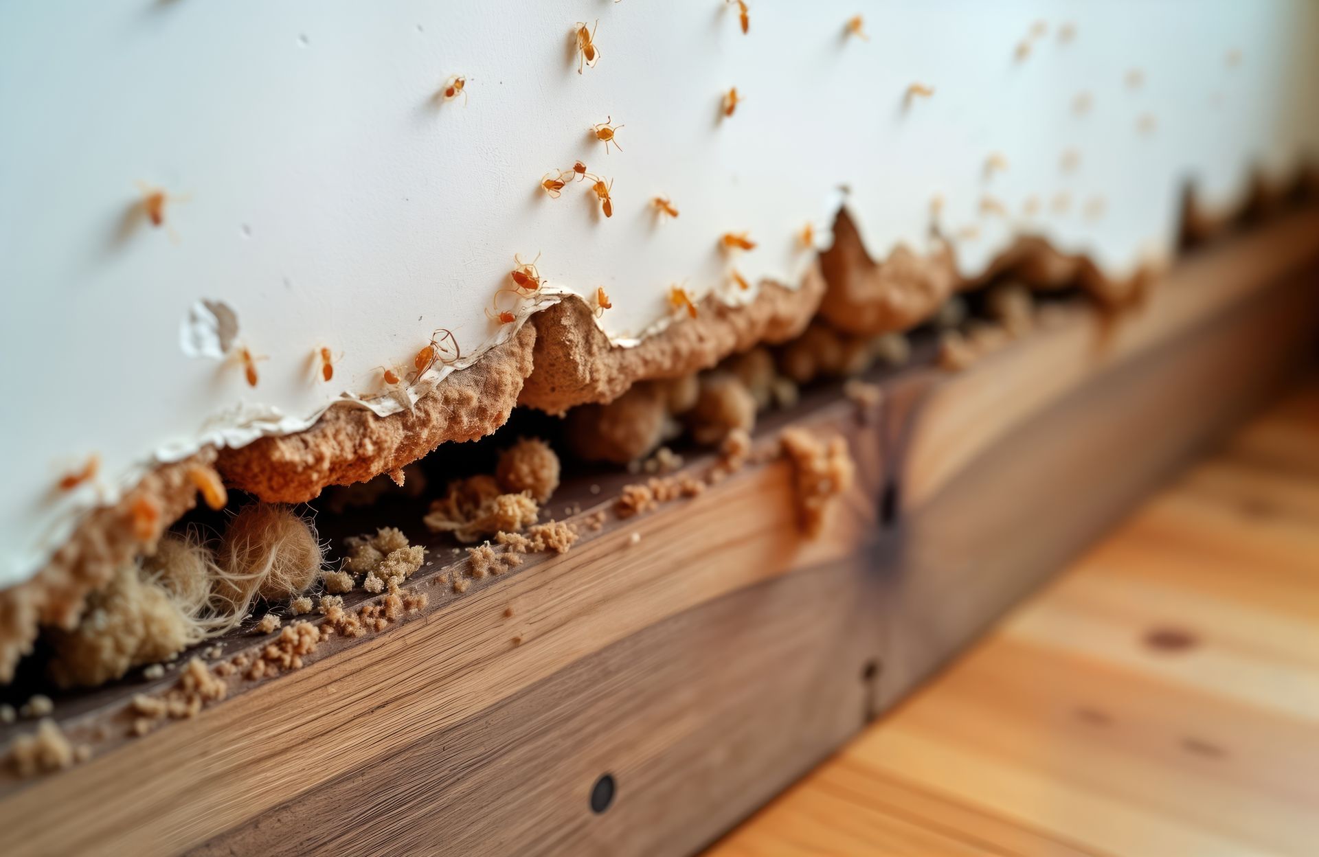 A termite infestation is causing significant damage to a wooden structure.