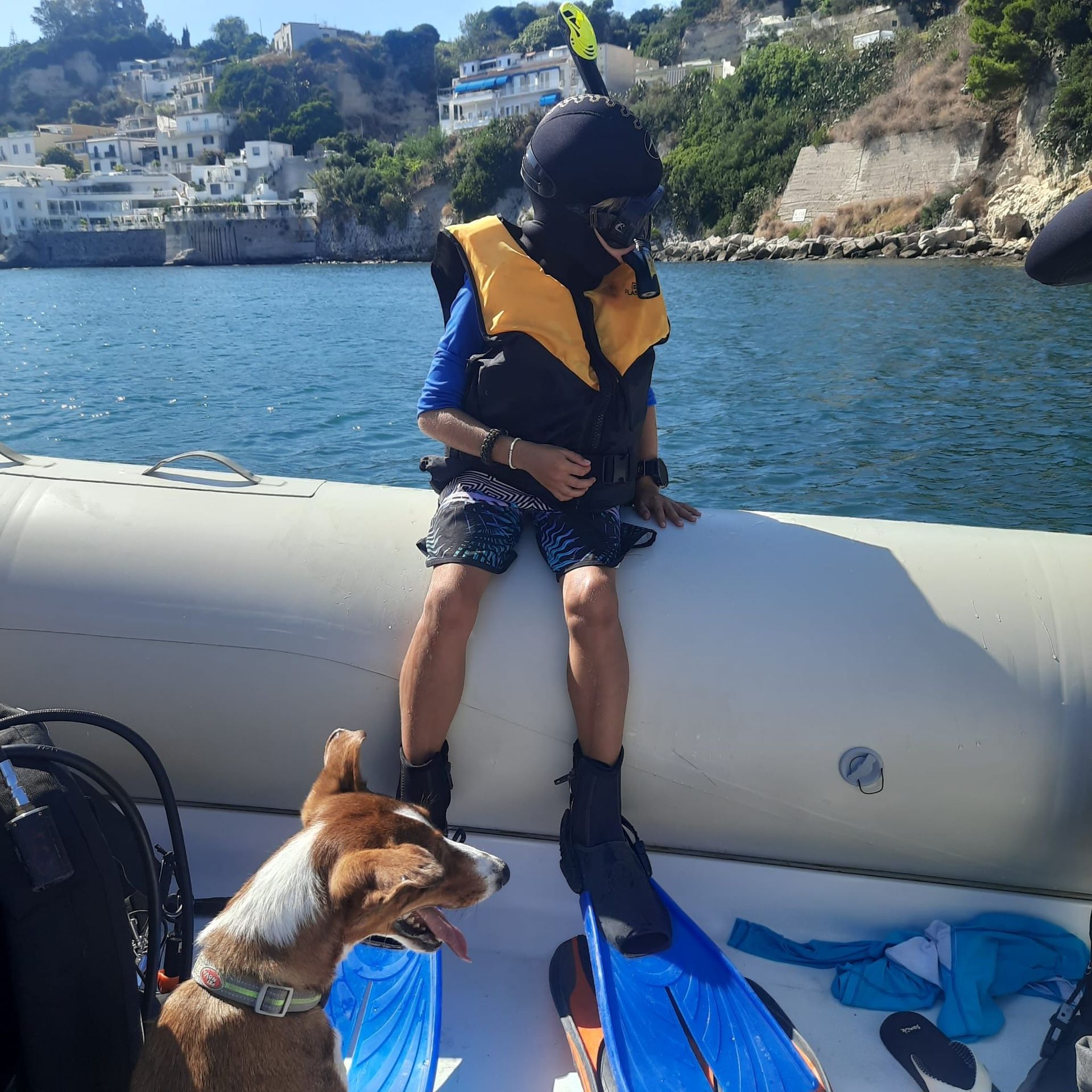 Child in a yellow life jacket sits on a boat’s inflatable tube, with a dog below and coastal houses in back.