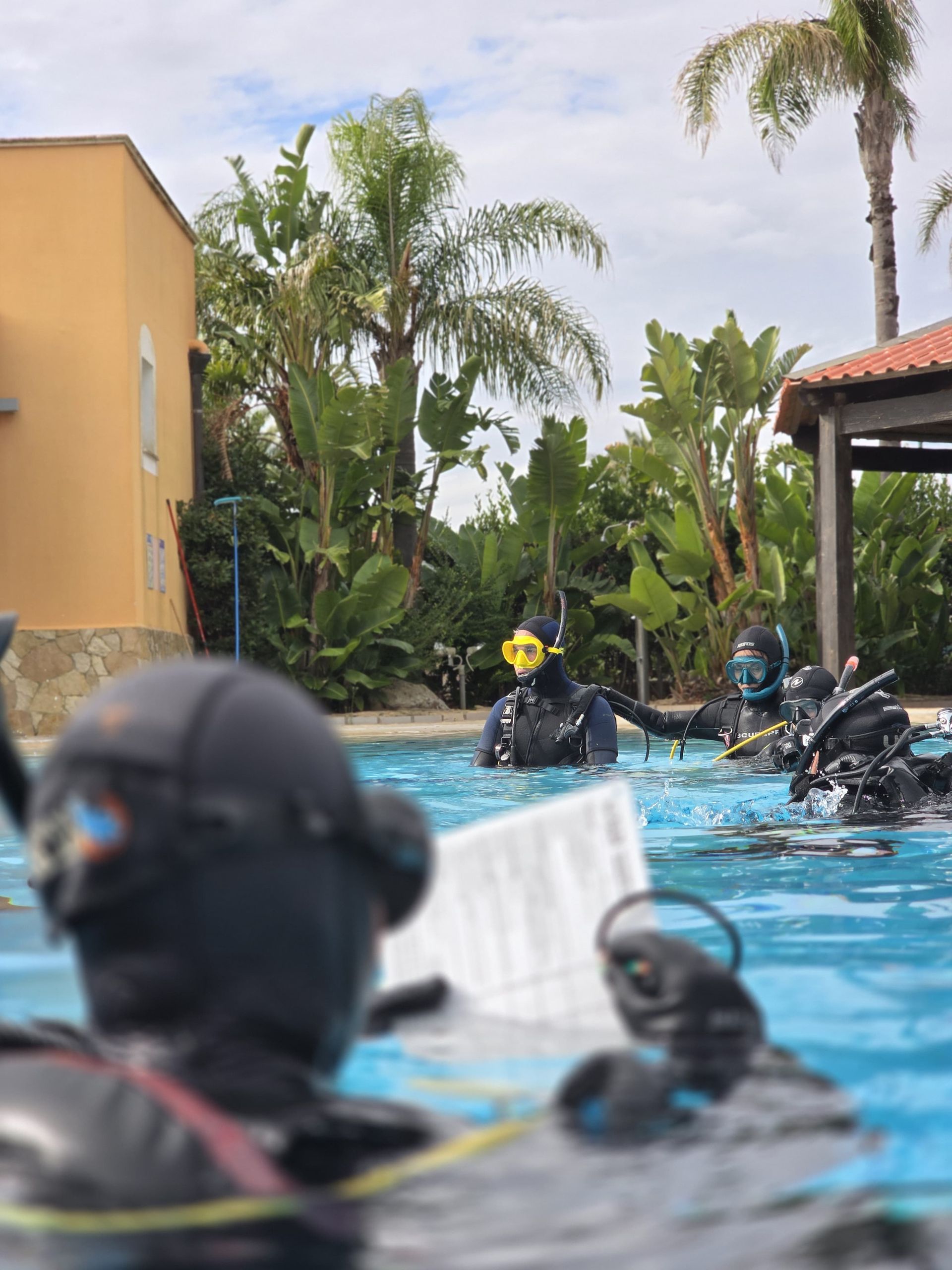 Scuba divers in a resort pool near palm trees and a yellow building