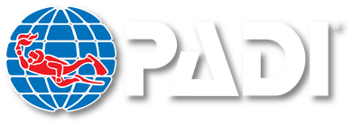 PADI logo with blue globe and red diver silhouette beside white lettering