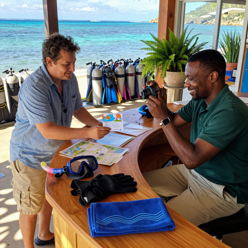 Two men discussing paperwork at a seaside table with scuba gear and maps nearby