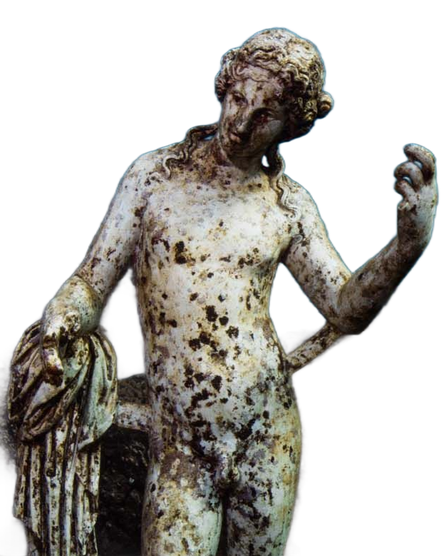 Weathered bronze statue of a standing figure holding drapery, with one arm raised.