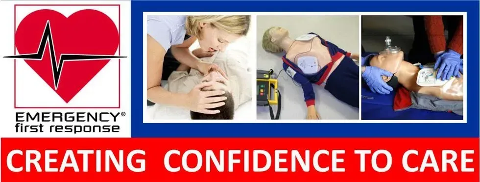 Emergency First Response logo with heart and medical scenes, red banner reading “Creating Confidence to Care”