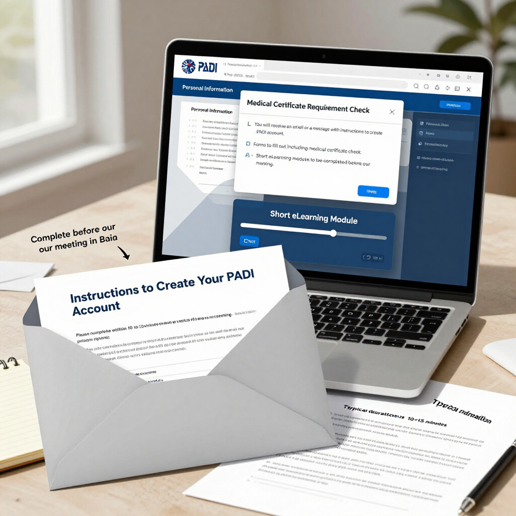 Laptop showing PADI account setup, with instruction papers and an open envelope on a desk