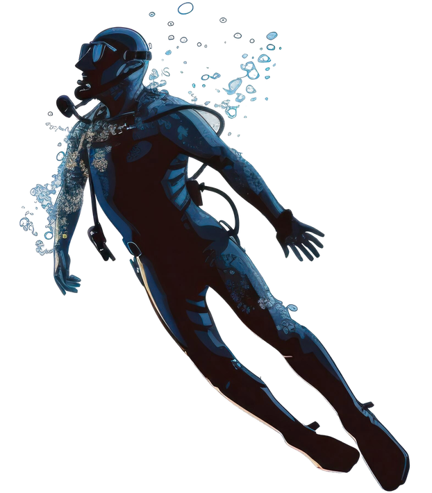 Dark blue scuba diver swimming underwater with bubbles trailing behind.