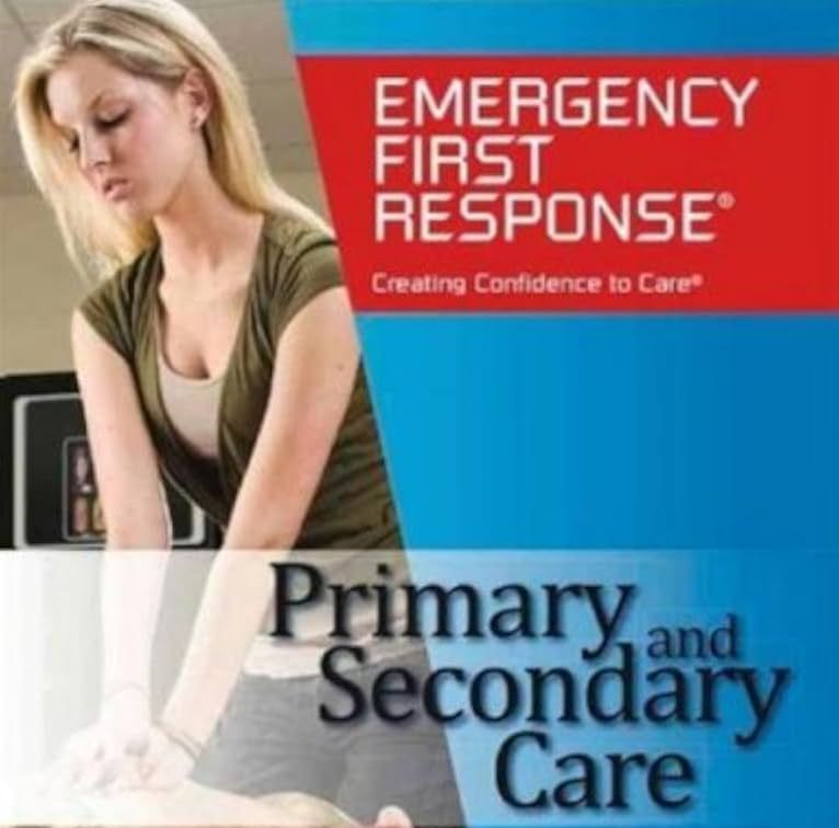 Emergency First Response training cover with a woman, red and blue design, and the text “Primary and Secondary Care”