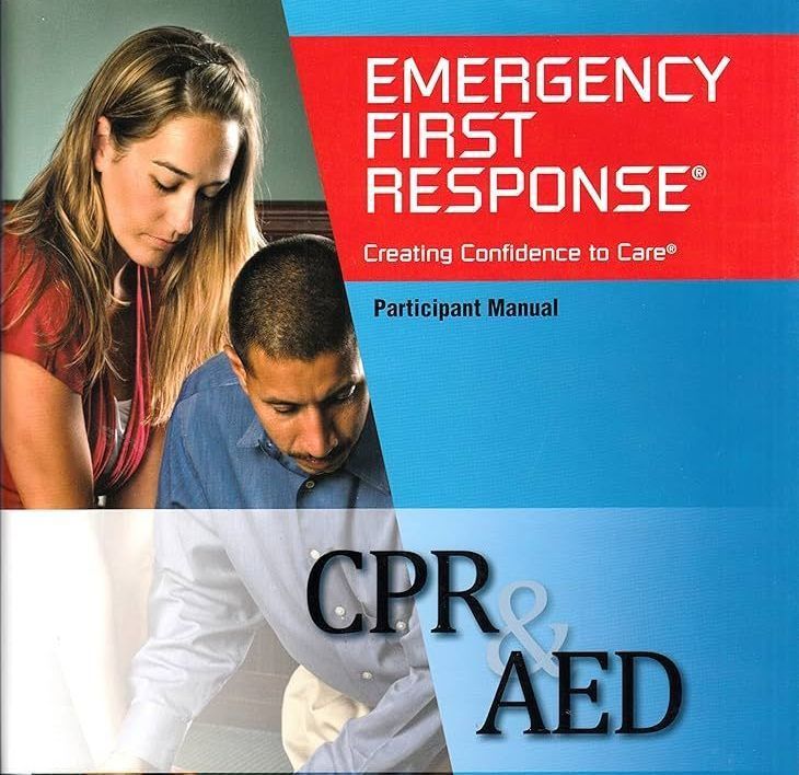 CPR and AED participant manual cover in red and blue, showing two people providing emergency first response training