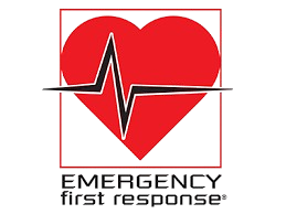 Red heart with black and white heartbeat line and “Emergency first response” text