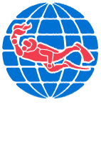 Red diver silhouette over a blue globe grid logo