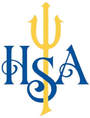 Blue and gold HSA monogram logo with stylized letters and a central gold trident-like symbol