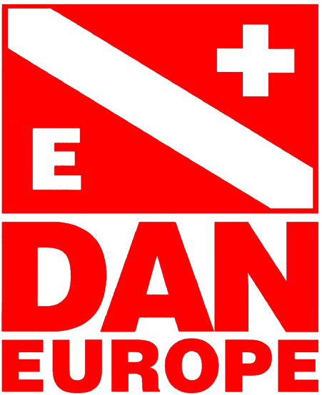 DAN Europe logo on red and white with diver flag, white cross, and bold text