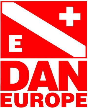 DAN Europe logo on red and white with diver flag, white cross, and bold text