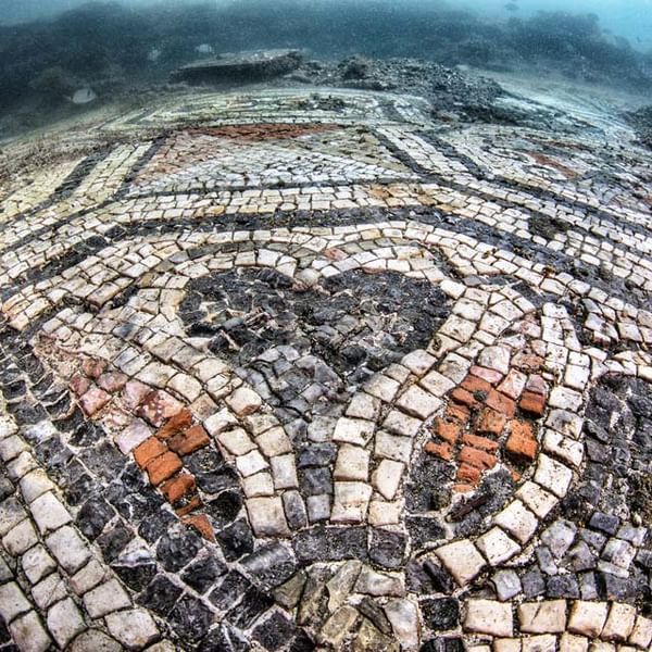 Mosaic stone pavement with a symmetrical heart-like pattern in white, black, and orange tiles
