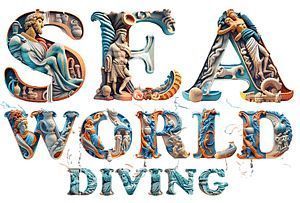 Sea World Diving text with collage-style sea creatures inside the letters on a white background