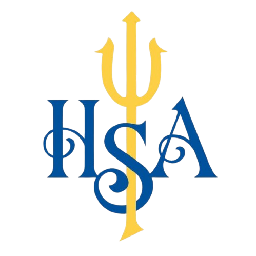 Blue and gold HSA monogram logo with a stylized trident on a white background