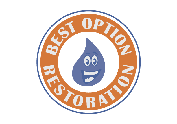 A logo for best option restoration with a drop of water in the center