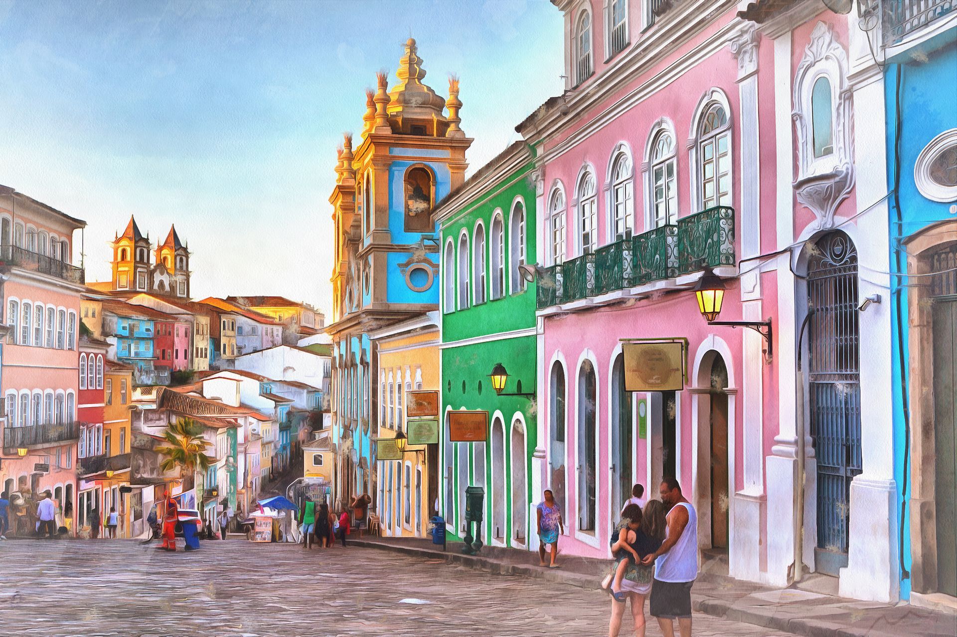 Largo do Pelourinho, no Centro Histórico de Salvador, com casarões coloridos, igreja barroca e ruas 