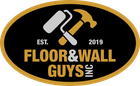 Floor & Wall Guys logo: black oval with gold border; includes paint roller, hammer, and company name.
