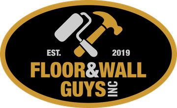 Floor & Wall Guys logo: black oval with gold border; includes paint roller, hammer, and company name.