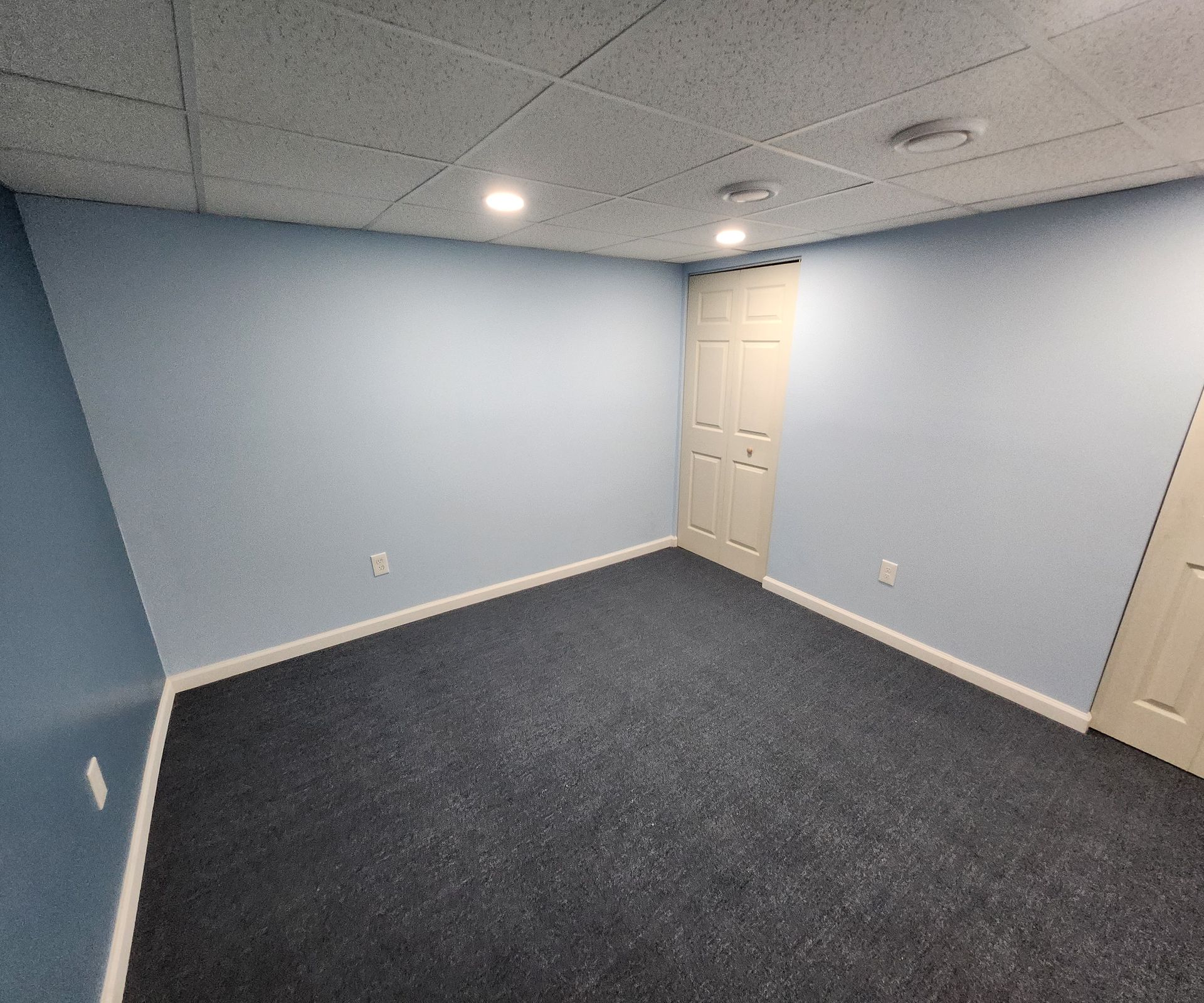 Empty blue room with dark carpet, white ceiling, recessed light, and two beige doors