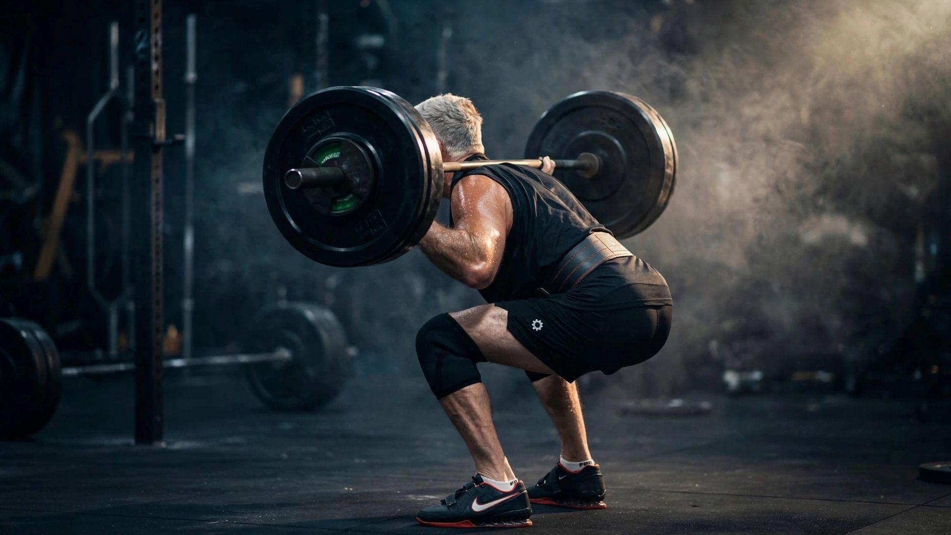 Athlete lifting a barbell in a dark gym, performing a heavy squat with focused effort