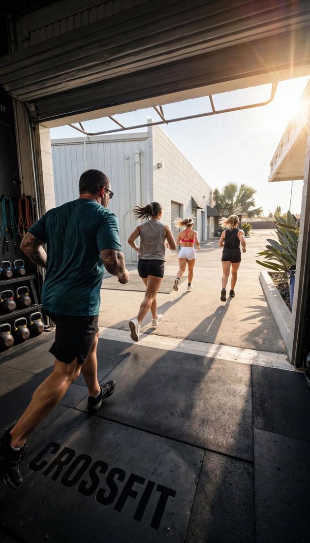 Man kneeling in a gym, wearing sunglasses and shorts, with kettlebells and workout equipment nearby at the best CrossFit gym in La Mesa, CA.