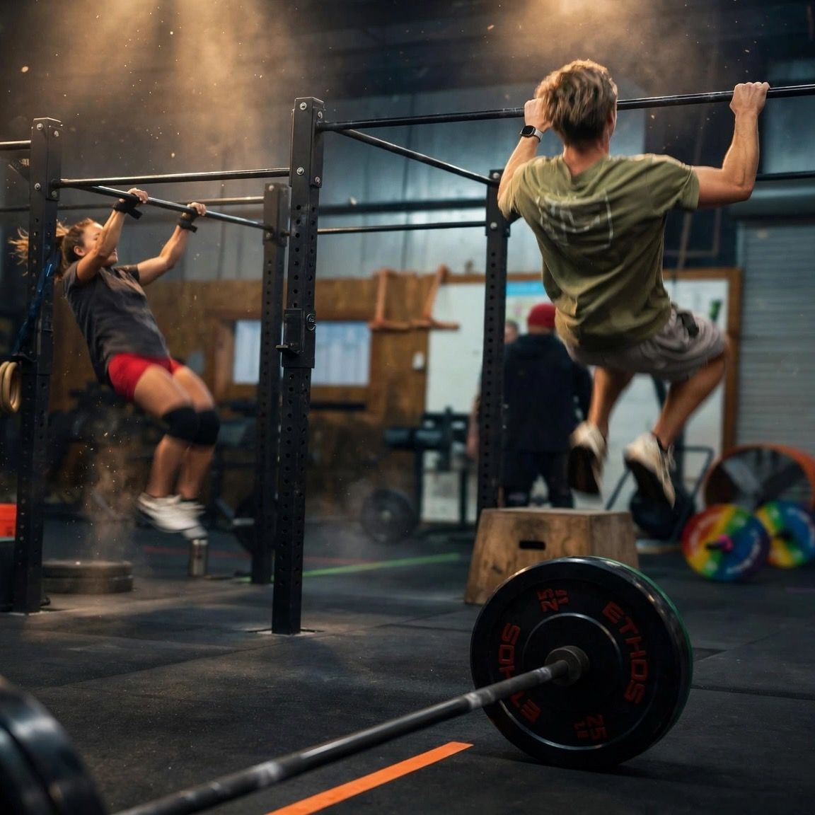 Two people doing pull-ups in a dim CrossFit Kivnon, with a barbell on the floor in front.