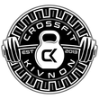 Black-and-white CrossFit KIVNON logo with kettlebell and barbell plates in a circular emblem