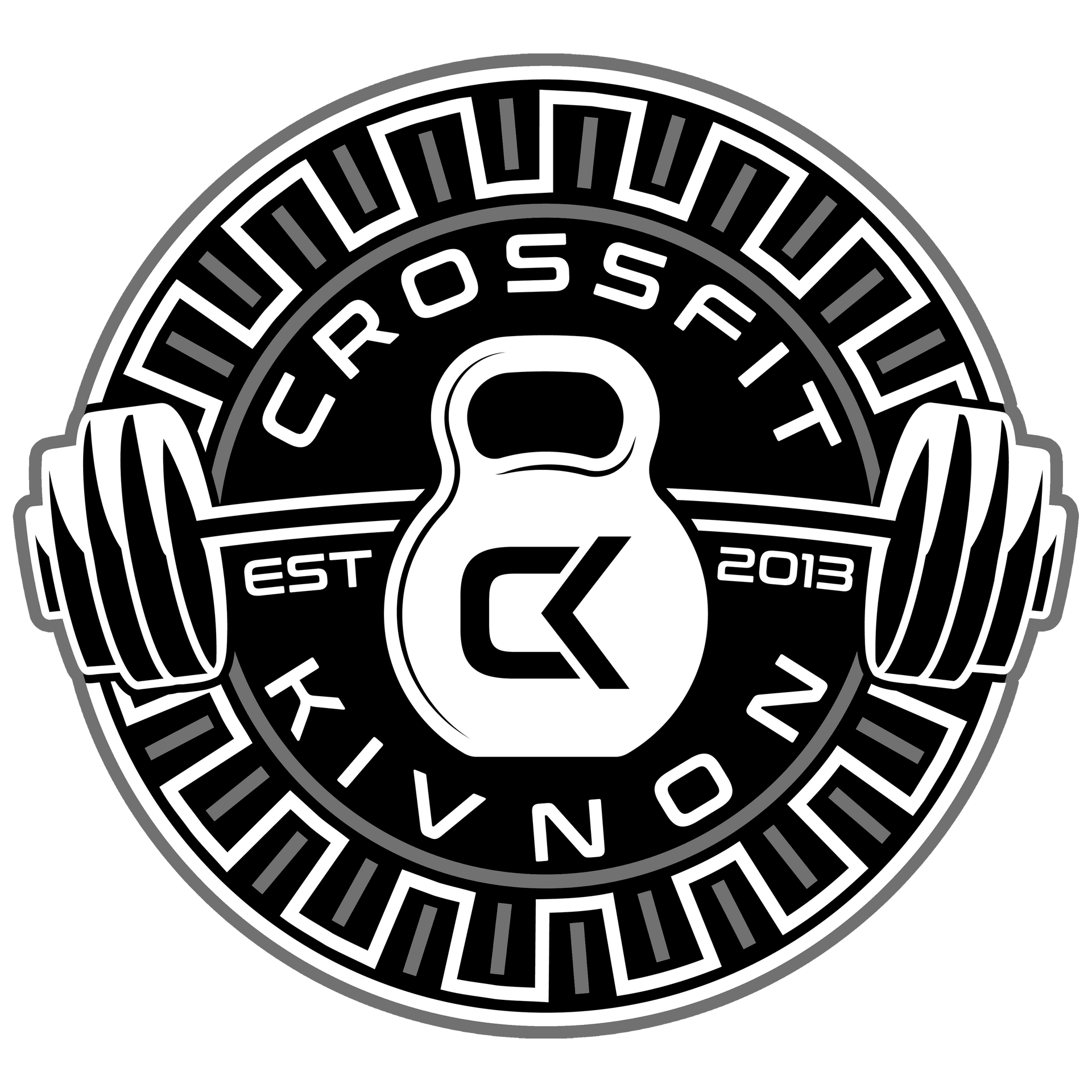 Black-and-white CrossFit KIVNON logo with kettlebell and barbell plates in a circular emblem
