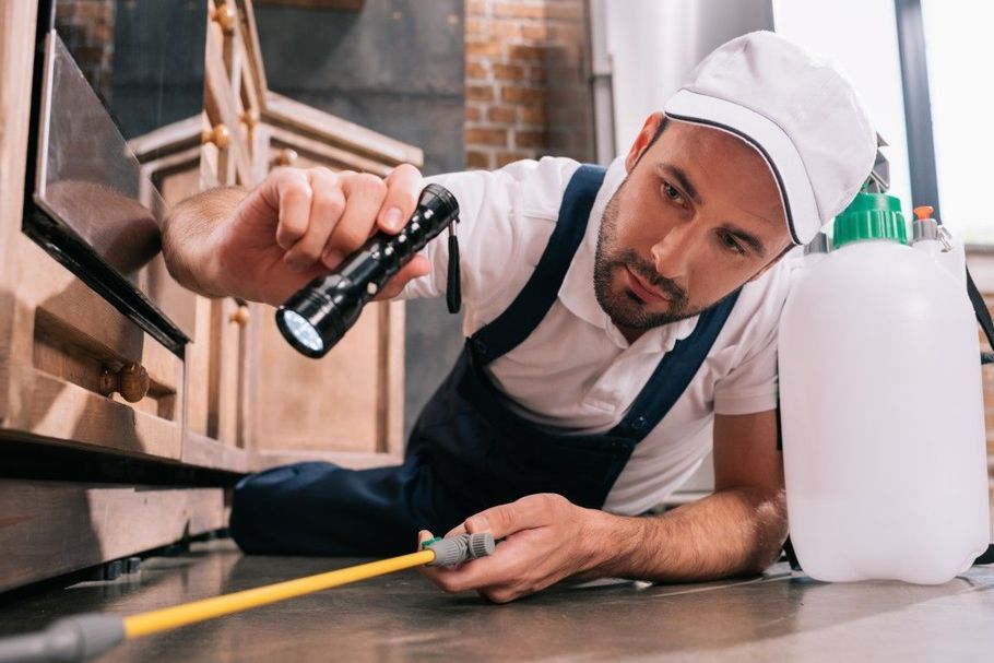 Man cleaning an oven with spray bottle and cloth beside a measuring tape and white container in a kitchen