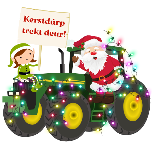 De kerstman en een elf op een tractor versierd met kerstverlichting; op het bord staat