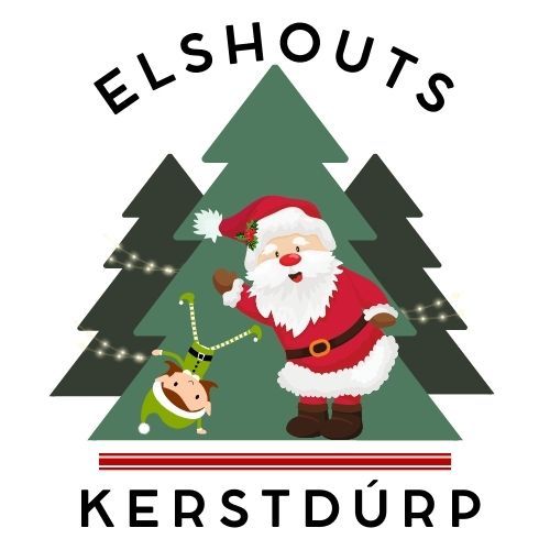 De kerstman en een elf staan bij kerstbomen en promoten