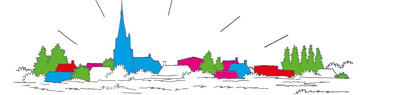 Een kleurrijk, cartoonachtig stadsgezicht met gebouwen en bomen. Een felblauwe kerk springt eruit, die licht uitstraalt.