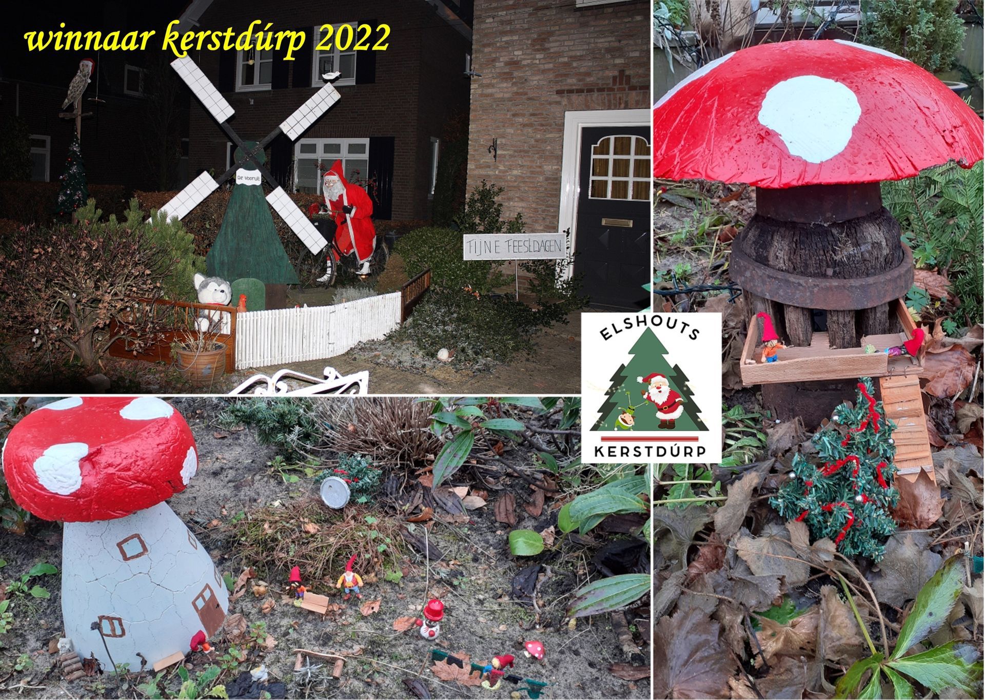 Winnaar kerstdorp 2022: huisje met windmolen, kerstman, paddenstoelhuisjes en een bord.