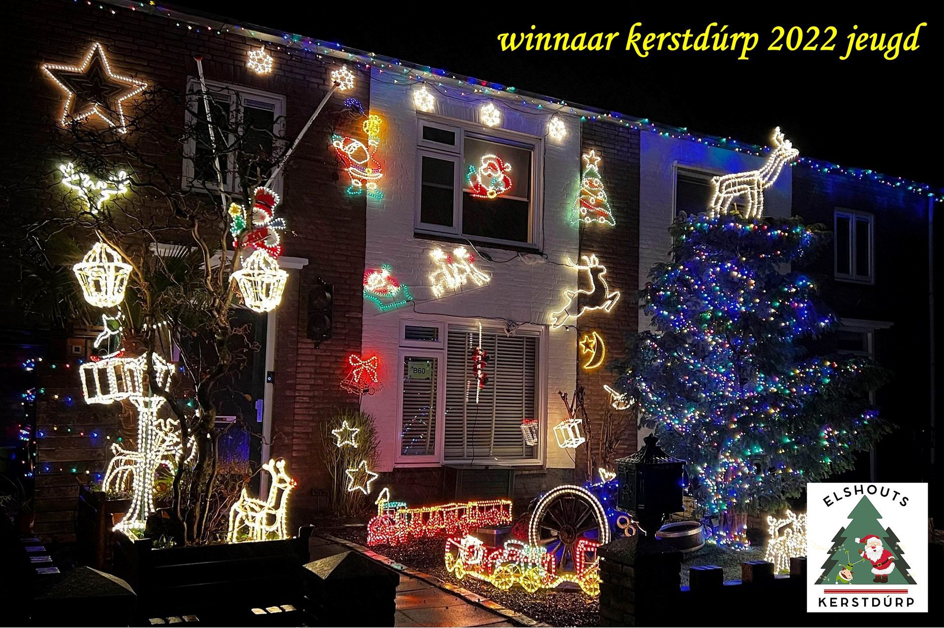 Christmas lights decorating a house, labeled 