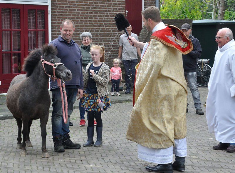 Een priester zegent een pony die door een man wordt vastgehouden, terwijl een meisje en omstanders toekijken, buiten een gebouw.