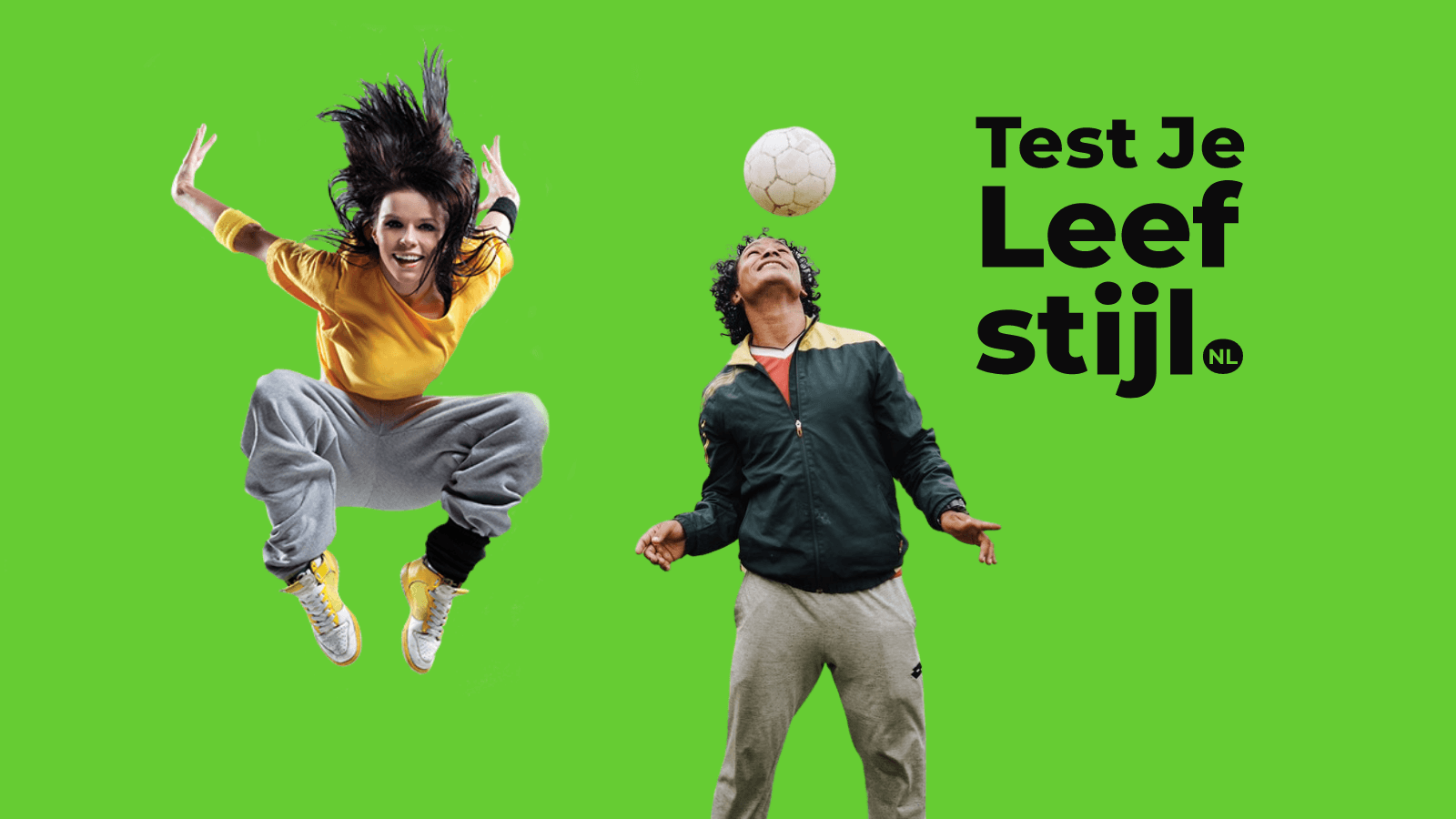Twee personen, de een springend, de ander met een bal op zijn hoofd, tegen een groene achtergrond; de tekst luidt 