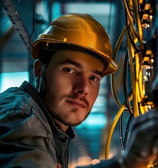 Een man met een gele veiligheidshelm inspecteert draden in een industriële omgeving.