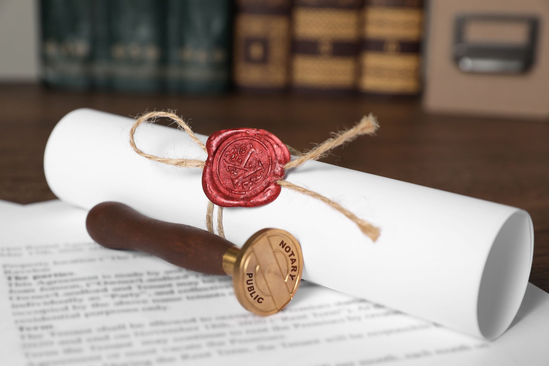 Diploma with red wax seal and tied ribbon resting on a desk with blurred books in the background