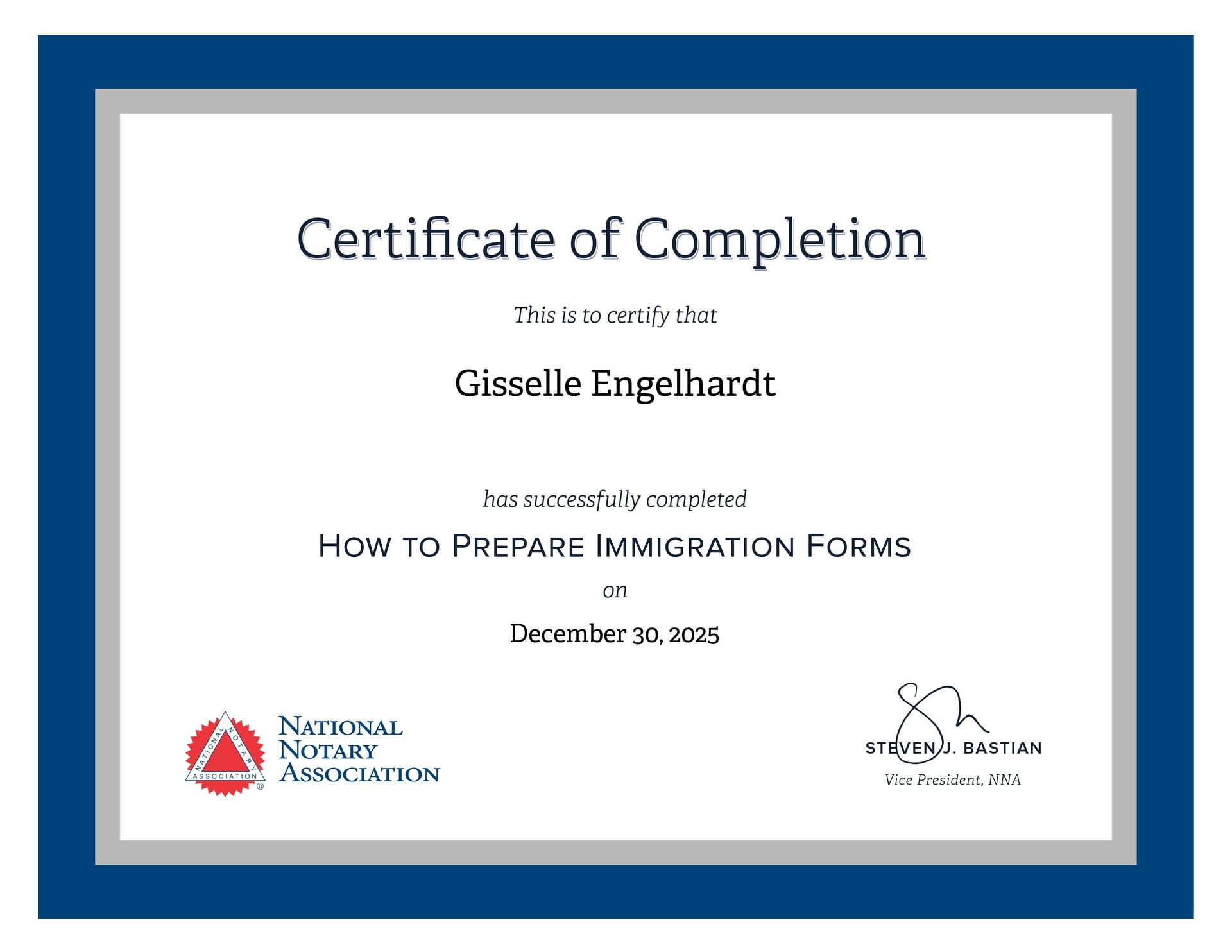 Blue-bordered completion certificate for Gisselle Zeglehart, How to Prepare Immigration Forms, December 2020.