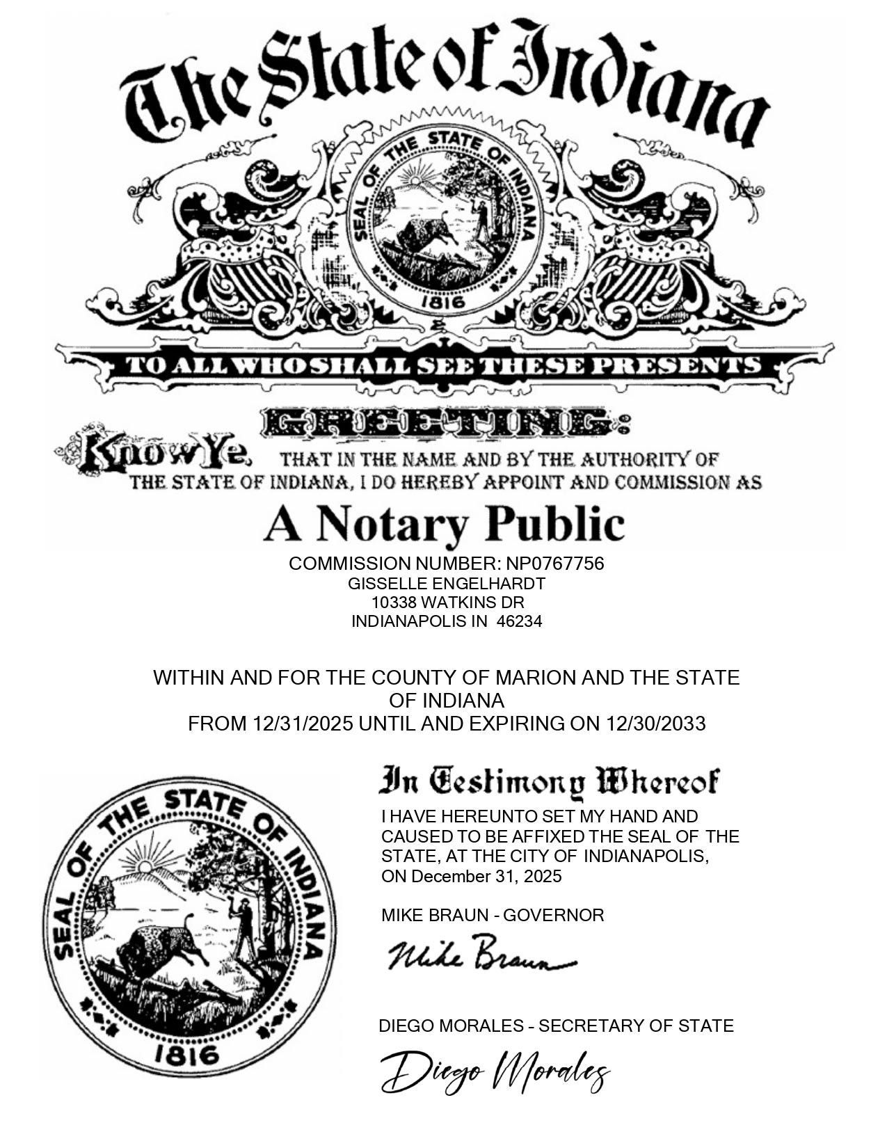 Indiana notary public certificate with state seal and signatures, black text on white paper