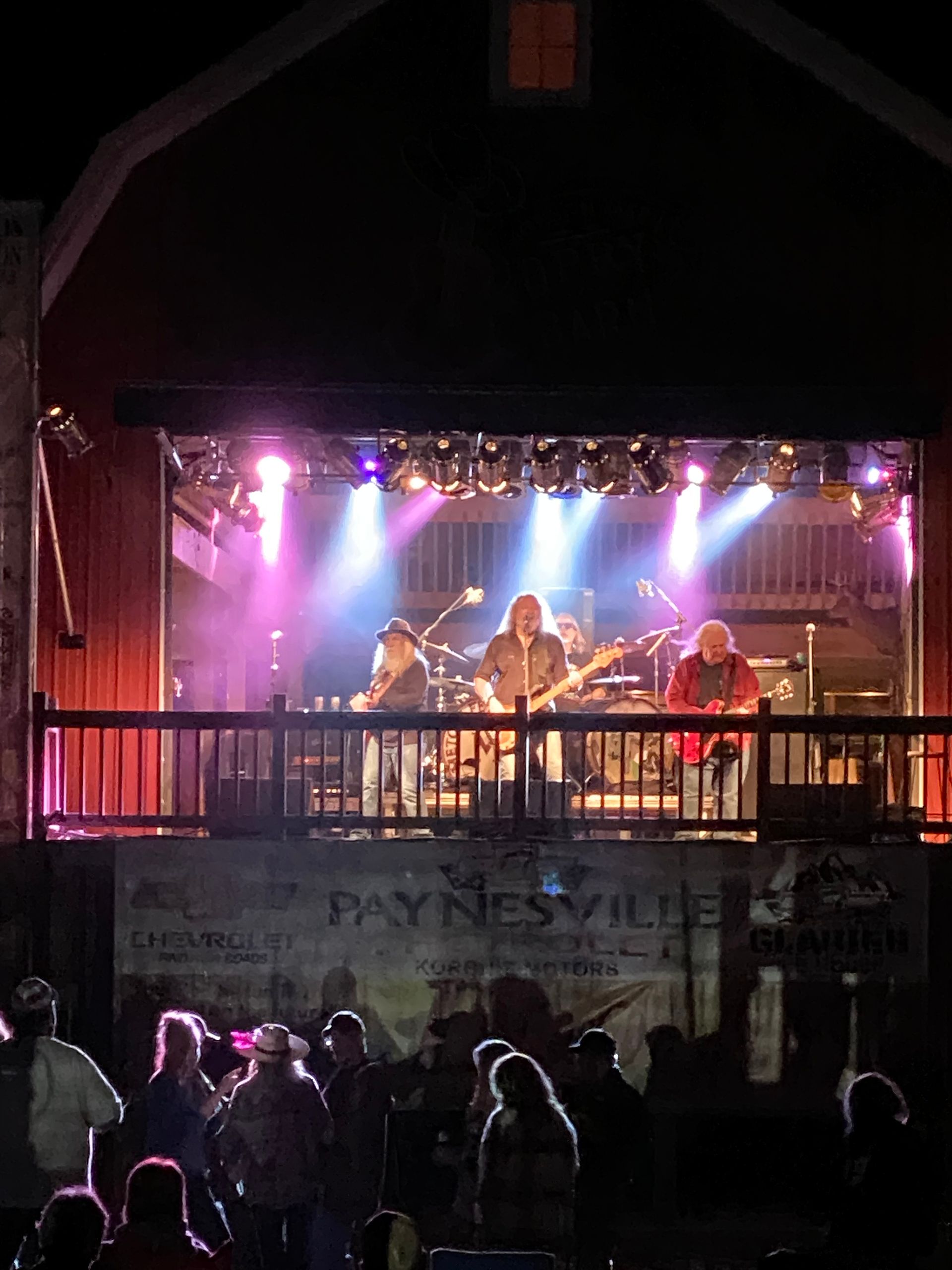 Outdoor stage band performing under purple and blue lights, with a crowd watching below.