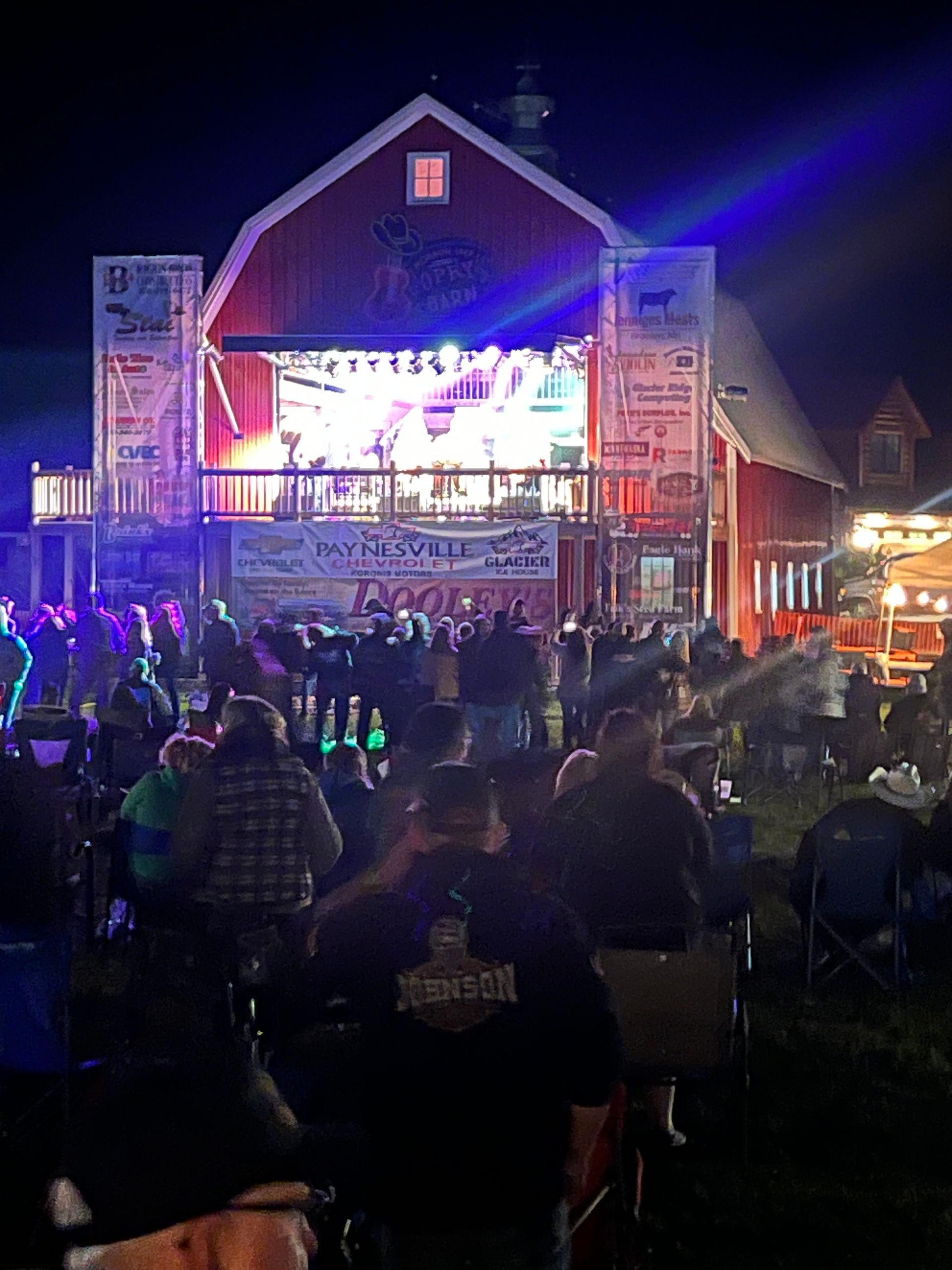 Crowd gathered before a lit stage at a nighttime outdoor concert with blue and purple lights