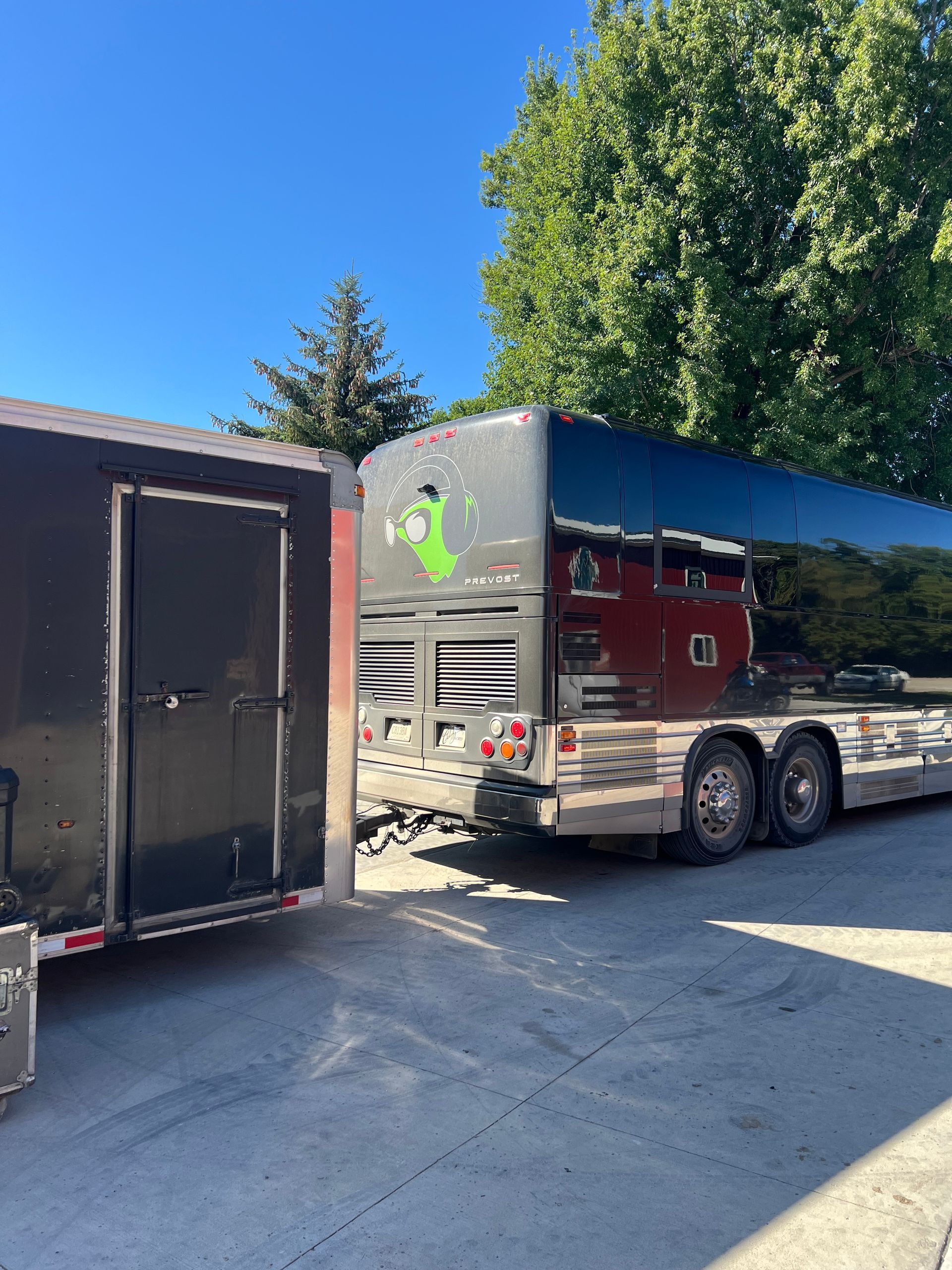 Black horse trailer parked beside a dark shed on a sunny driveway, with trees and blue sky in the background