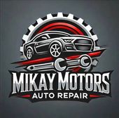 Mikay Motors auto repair logo with a sports car over a gear in black, white, and red